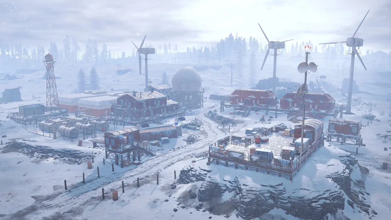 Arctic Research Base's snowbound huts and garages in Rust